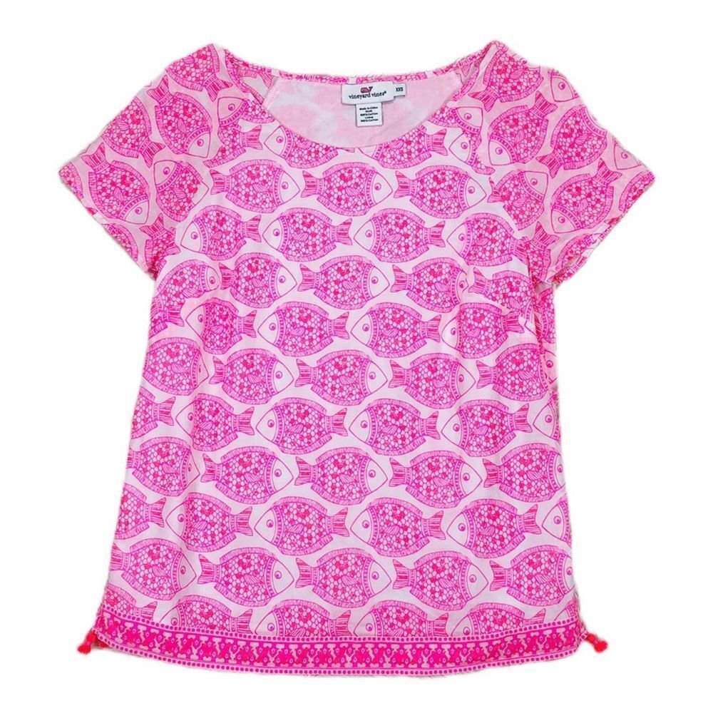 Vineyard Vines Hot Neon Pink Fish Batik‎ Cotton Shirt Top Size XXS